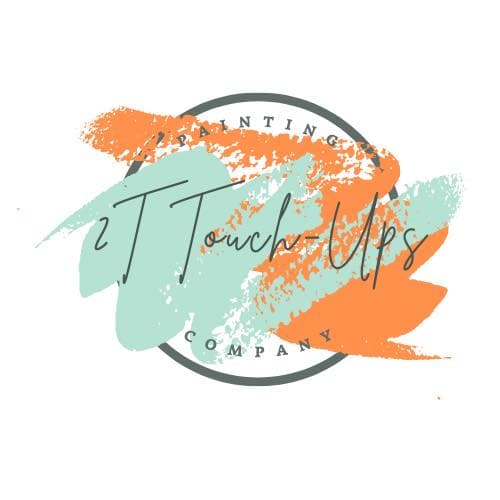 This is an image from 2T Touch Ups company, located in Freeport, FL. The image is a 2T Touch-Ups Painting Company logo with artistic mint green and orange brush strokes over a circular frame with modern handwritten text