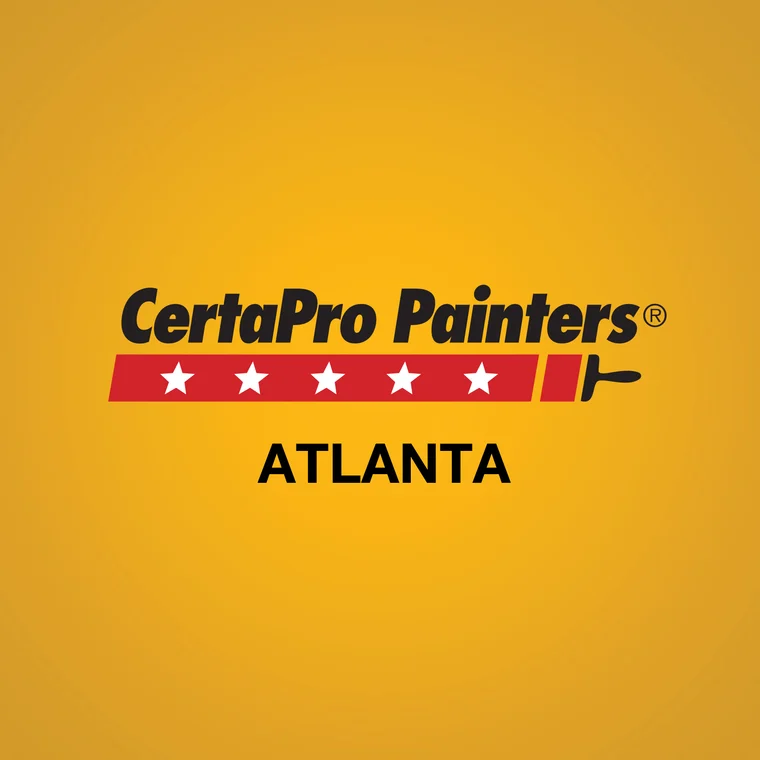 This is an image from CertaPro Painters of Atlanta, located in Georgia. The logo for CertaPro Painters features bold black text on a yellow background with a red banner, five white stars, and a paint roller graphic representing the painting company