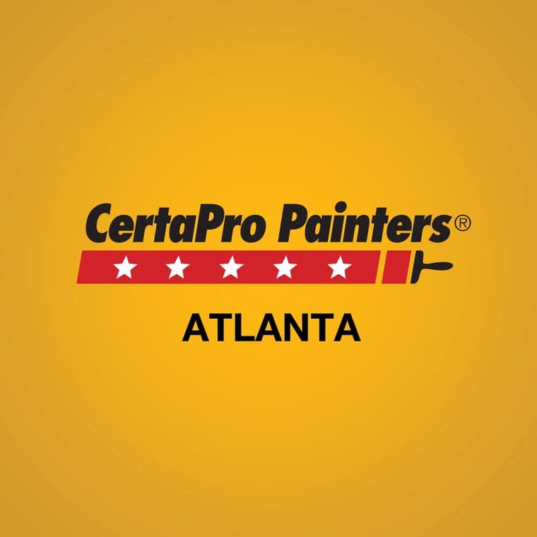 This is an image from CertaPro Painters of Atlanta, located in Georgia. The logo for CertaPro Painters features bold black text on a yellow background with a red banner, five white stars, and a paint roller graphic representing the painting company