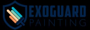 This is an image from ExoGuard Painting, located in Ohio. The logo for ExoGuard Painting features a blue shield icon with layered brush strokes in teal, orange, and green alongside bold blue lettering.