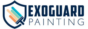 This is an image from ExoGuard Painting, located in Ohio. The logo for ExoGuard Painting features a blue shield icon with layered brush strokes in teal, orange, and green alongside bold blue lettering.