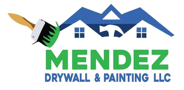 This is an image from Mendez Drywall & Painting LLC, located in Maryland. The logo for Mendez Drywall & Painting LLC features a blue house roofline with windows, a paintbrush with green paint, and bold green and blue lettering.
