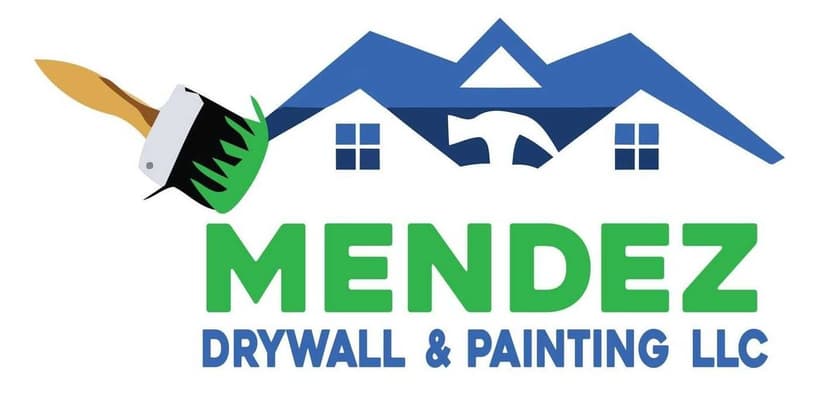 This is an image from Mendez Drywall & Painting LLC, located in Maryland. The logo for Mendez Drywall & Painting LLC features a blue house roofline with windows, a paintbrush with green paint, and bold green and blue lettering.