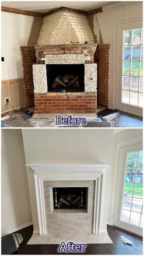 This is an image from Reed’s Home Improvement, located in Louisiana. The before-and-after photo shows a brick fireplace renovation transformed into a smooth white design with elegant trim and a modern mantel, creating a clean updated focal point in the room.