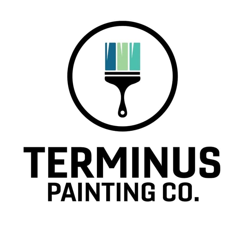 This is an image from Terminus Painting Co., located in Georgia. The logo for Terminus Painting Co. features a black circular emblem with a paintbrush in blue, green, and teal strokes above bold black 'TERMINUS PAINTING CO.' lettering.