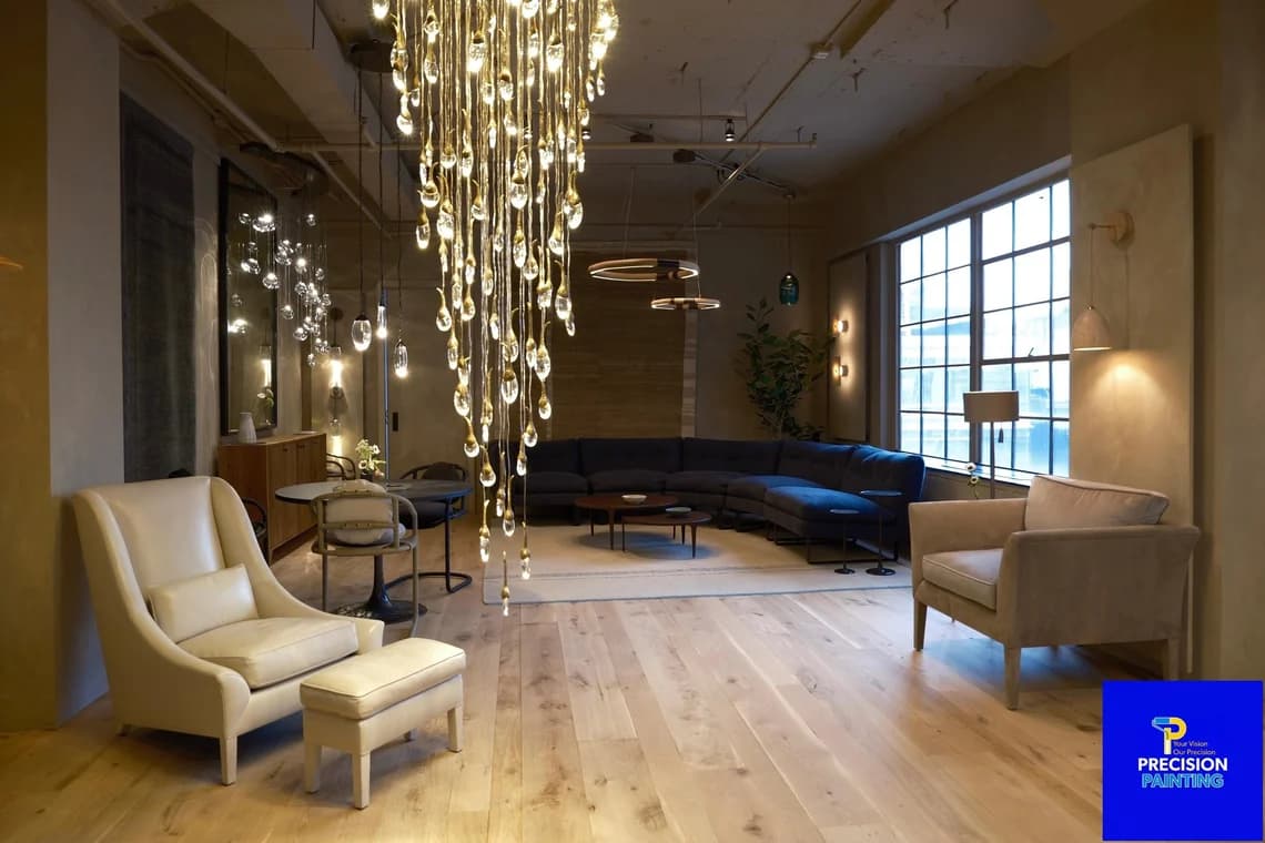 This is an image from Precision Painting NY, located in New York. The image shows a modern interior living space with freshly painted neutral walls, hardwood floors, and decorative lighting fixtures.