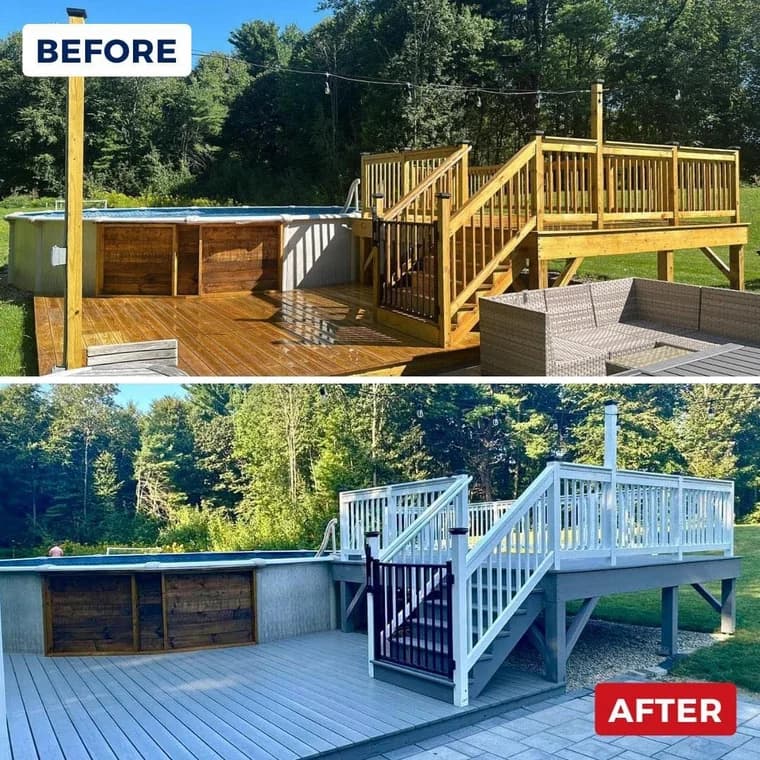 A before-and-after comparison of a wooden deck transformation, showing raw wood in the before photo and a finished gray and white painted deck in the after photo.