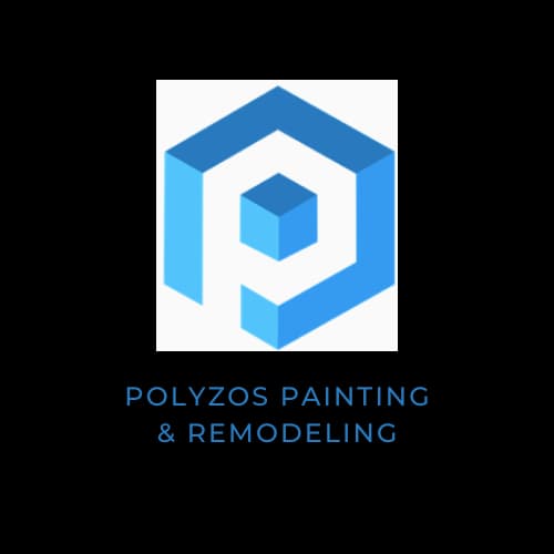 This is an image from Polyzos Painting & Remodeling, located in Maryland. The logo for Polyzos Painting & Remodeling features a blue geometric hexagon shape with a cube in the center and the company name in blue capital letters below.