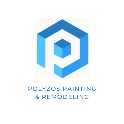 This is an image from Polyzos Painting & Remodeling, located in Maryland. The logo for Polyzos Painting & Remodeling features a blue geometric hexagon shape with a cube in the center and the company name in blue capital letters below.