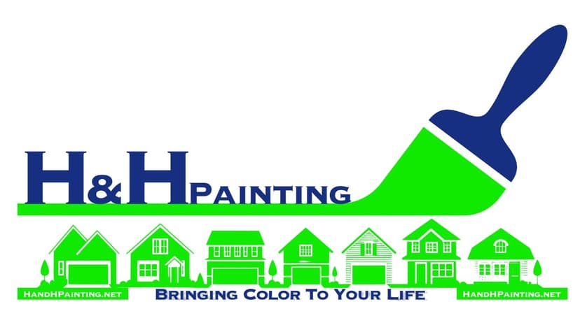 This is an image from H & H Painting, located in Indiana. The logo for H & H Painting features bold blue text with a large green paintbrush graphic and green house silhouettes along the bottom, representing residential and commercial painting services.