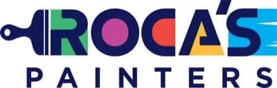 This is an image from Roca's Painters LLC, located in North Carolina. The logo for Roca's Painters features bold blue text with colorful paint-inspired shapes in green, purple, red, and yellow inside the letters, alongside a paintbrush graphic.