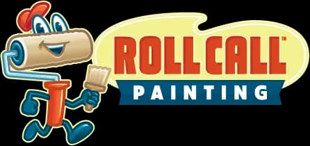 This is an image from Roll Call Painting, located in Wisconsin. The logo for Roll Call Painting features a cartoon paint roller character holding a paintbrush alongside bold red and blue lettering representing the painting company.