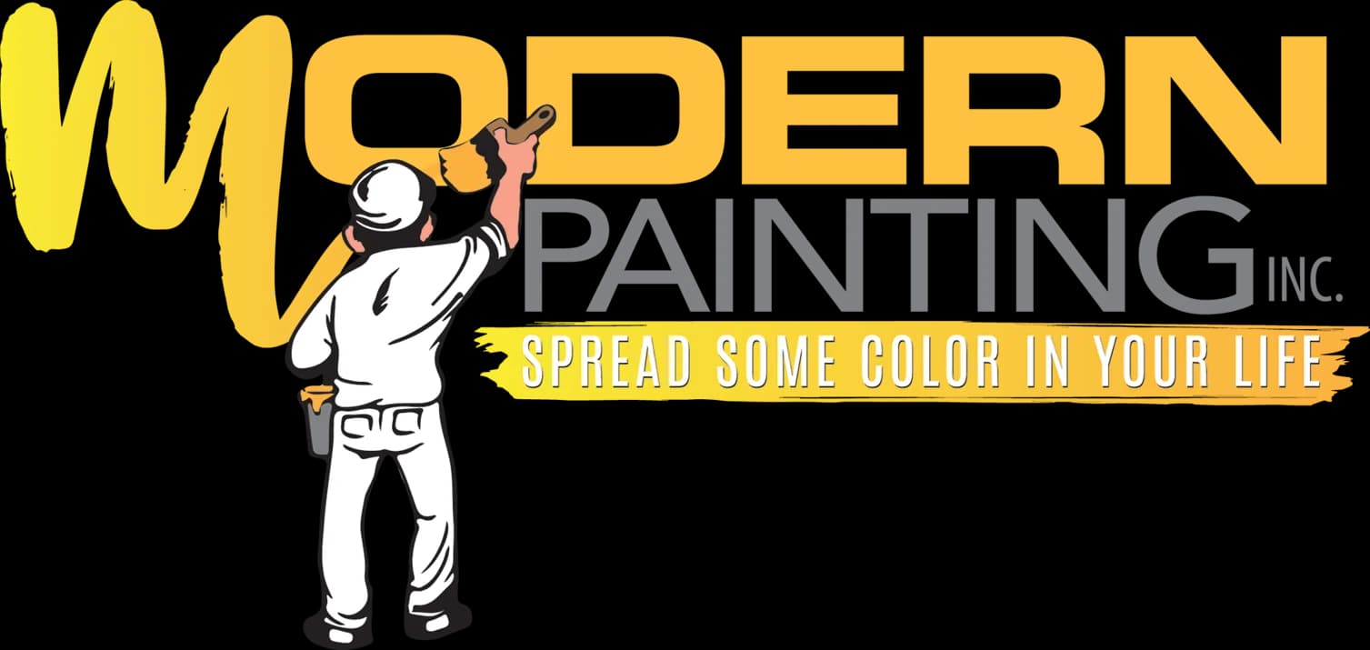 This is an image from Modern Painting Inc., located in Nebraska. The logo for Modern Painting Inc. features large yellow and gray text with an illustrated painter using a roller and the tagline spread some color in your life.