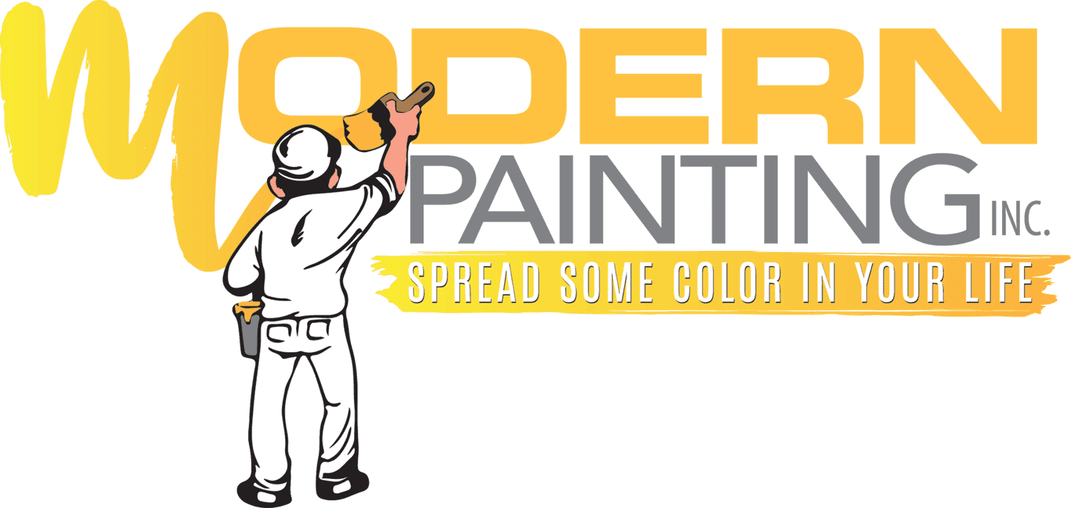 This is an image from Modern Painting Inc., located in Nebraska. The logo for Modern Painting Inc. features large yellow and gray text with an illustrated painter using a roller and the tagline spread some color in your life.