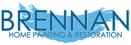 This is an image from Brennan Home Painting & Restoration, located in Massachusetts. The logo for Brennan Home Painting & Restoration features bold blue lettering with a paint-stroke graphic behind the company name.