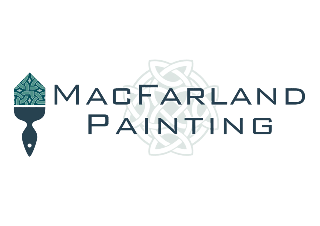 This is an image from Cabinets By MacFarland Painting, located in Michigan. The logo for Cabinets By MacFarland Painting features a stylized paintbrush icon in teal and gray next to bold modern lettering with a decorative circular knot design in the background.