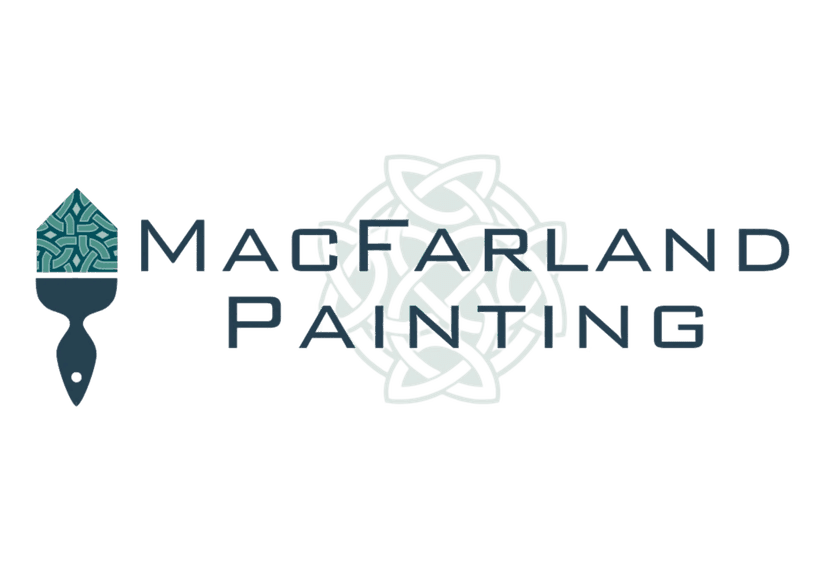 This is an image from Cabinets By MacFarland Painting, located in Michigan. The logo for Cabinets By MacFarland Painting features a stylized paintbrush icon in teal and gray next to bold modern lettering with a decorative circular knot design in the background.