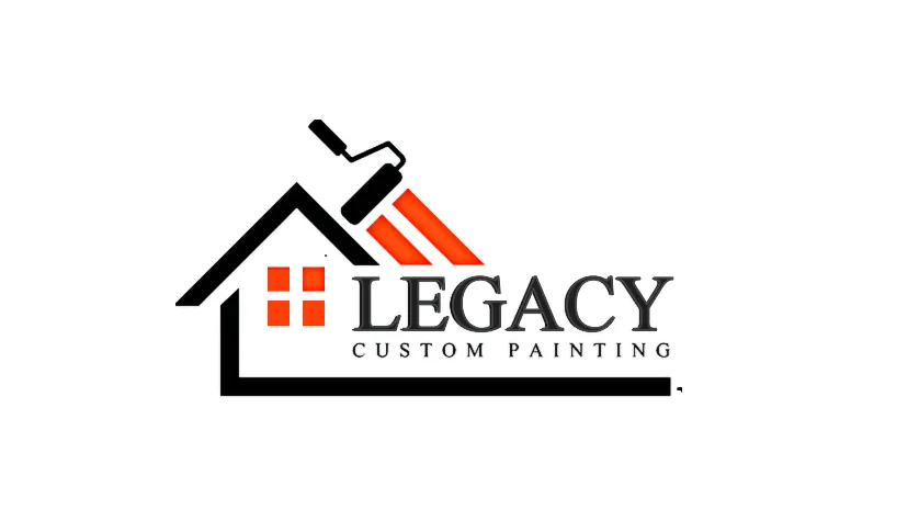 Logo of Legacy Custom Painting, featuring a red paint roller above a stylized house roofline with a small window design.