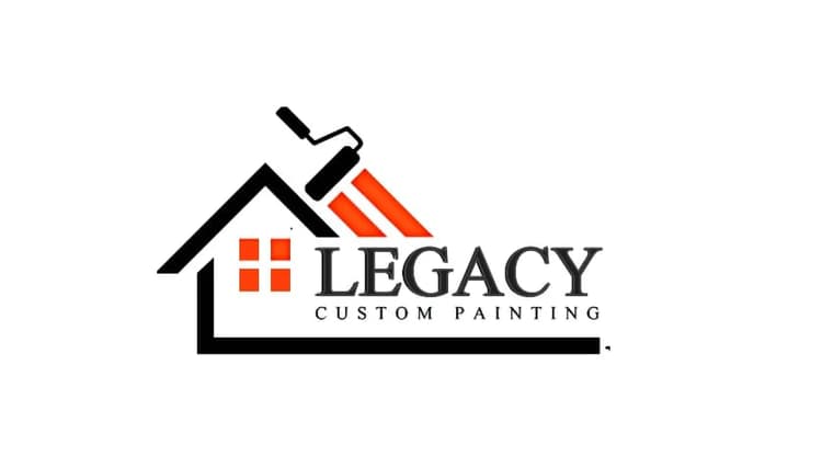Logo of Legacy Custom Painting, featuring a red paint roller above a stylized house roofline with a small window design.