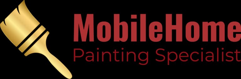 This is an image from MobileHome Painting Specialist, located in California. The image shows the company logo featuring a gold paintbrush icon alongside bold red lettering on a dark background, representing professional mobile home painting, cabinet refinishing, and specialized residential painting services.
