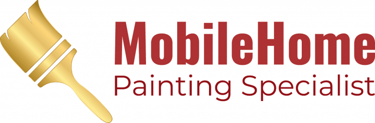 This is an image from MobileHome Painting Specialist, located in California. The image shows the company logo featuring a gold paintbrush icon alongside bold red lettering on a dark background, representing professional mobile home painting, cabinet refinishing, and specialized residential painting services.