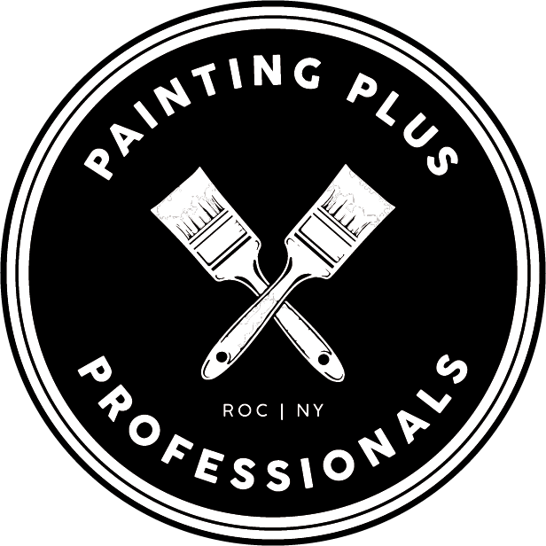 This is an image from Painting Plus Professionals, located in California. The image shows a circular black-and-white logo with crossed paint brushes in the center and the company name displayed around the border.