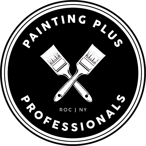 This is an image from Painting Plus Professionals, located in California. The image shows a circular black-and-white logo with crossed paint brushes in the center and the company name displayed around the border.