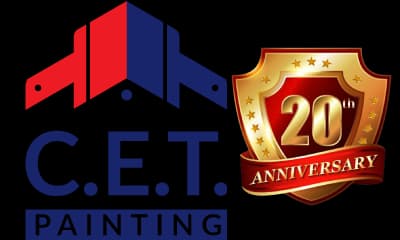 This is an image from C.E.T. Painting, located in New York. The logo for C.E.T. Painting features two stylized paint roller icons in red and blue forming a house-like shape above the company name.