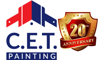 This is an image from C.E.T. Painting, located in New York. The logo for C.E.T. Painting features two stylized paint roller icons in red and blue forming a house-like shape above the company name.