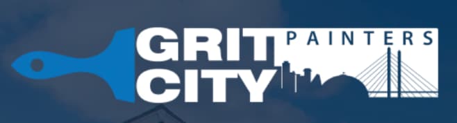 This is an image from Grit City Painters, located in Washington. The logo for Grit City Painters features bold white text, a blue paintbrush graphic, and a city skyline with a bridge design.