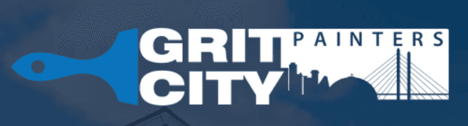 This is an image from Grit City Painters, located in Washington. The logo for Grit City Painters features bold white text, a blue paintbrush graphic, and a city skyline with a bridge design.