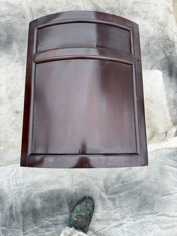 Dark brown stained kitchen cabinet door with a raised center panel and arched top.