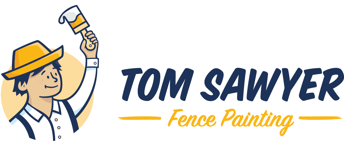 This is an image from Tom Sawyer Fence Painting, located in California. The logo for Tom Sawyer Fence Painting features a friendly illustrated character holding a paintbrush alongside bold lettering, representing professional fence painting and wood finishing services.
