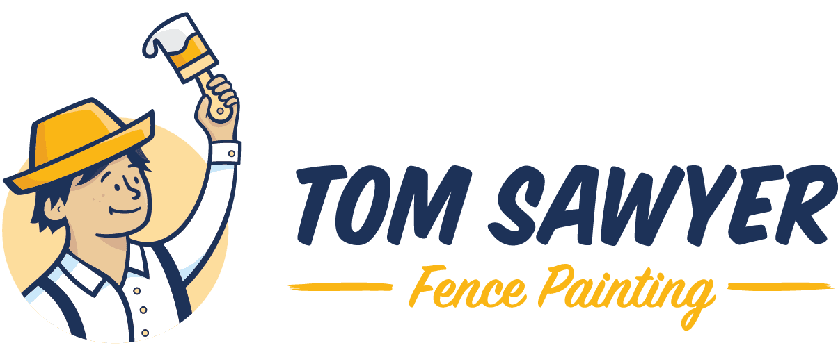 This is an image from Tom Sawyer Fence Painting, located in California. The logo for Tom Sawyer Fence Painting features a friendly illustrated character holding a paintbrush alongside bold lettering, representing professional fence painting and wood finishing services.