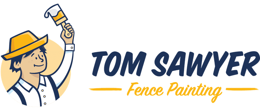 This is an image from Tom Sawyer Fence Painting, located in California. The logo for Tom Sawyer Fence Painting features a friendly illustrated character holding a paintbrush alongside bold lettering, representing professional fence painting and wood finishing services.