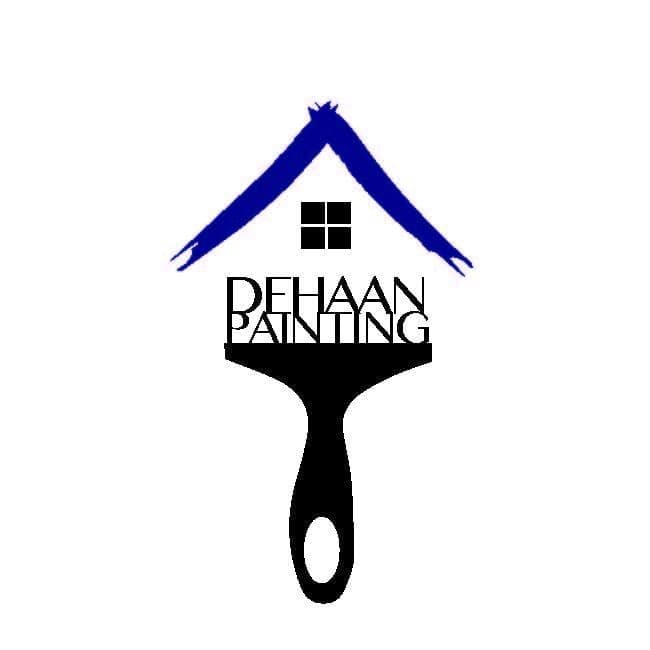 This is an image from DeHaan Painting, located in North Carolina. The logo for DeHaan Painting features a black paintbrush forming the base of a house with blue brushstroke roof lines and a window above the company name.