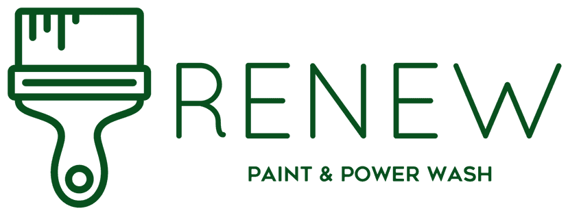 This is an image from Renew Paint & Power Wash, located in Ohio. The logo for Renew Paint & Power Wash features a green paintbrush icon with dripping paint above the company name, highlighting painting and power washing services.