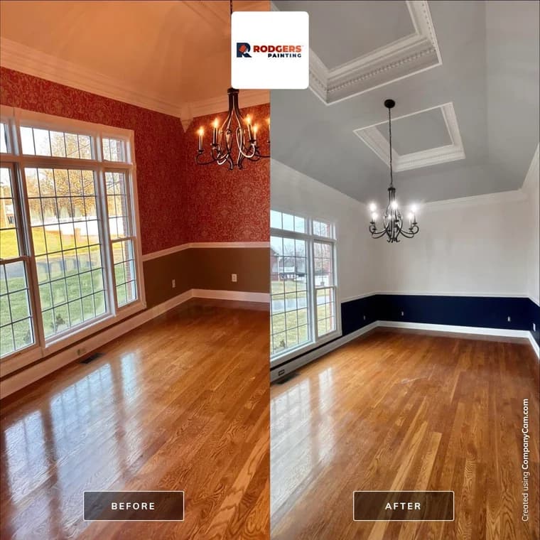 This is an image from Rodgers Painting, located in Kentucky. The before-and-after photo displays a dining room transformation from red and brown tones to a crisp white and navy blue color scheme with elegant crown molding.
