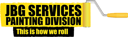 This is an image from JBG Services, Painting Division, located in North Carolina. This is a JBG Services Painting Division logo with a yellow and black paint roller graphic and the tagline “This is how we roll”
