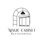 This is an image from Magic Cabinet Refinishing, located in New Jersey. The logo for Magic Cabinet Refinishing features a minimalist black line illustration of an arched cabinet with clean typography beneath it.