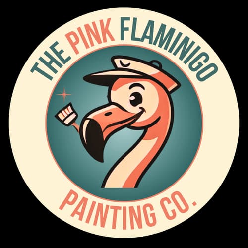 This is an image from The Pink Flamingo Painting Co., located in Florida. The logo for The Pink Flamingo Painting Co. features a stylized pink flamingo wearing a painter’s cap and holding a paintbrush inside a retro circular badge.