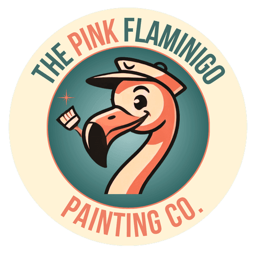 This is an image from The Pink Flamingo Painting Co., located in Florida. The logo for The Pink Flamingo Painting Co. features a stylized pink flamingo wearing a painter’s cap and holding a paintbrush inside a retro circular badge.