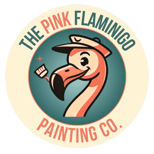 This is an image from The Pink Flamingo Painting Co., located in Florida. The logo for The Pink Flamingo Painting Co. features a stylized pink flamingo wearing a painter’s cap and holding a paintbrush inside a retro circular badge.