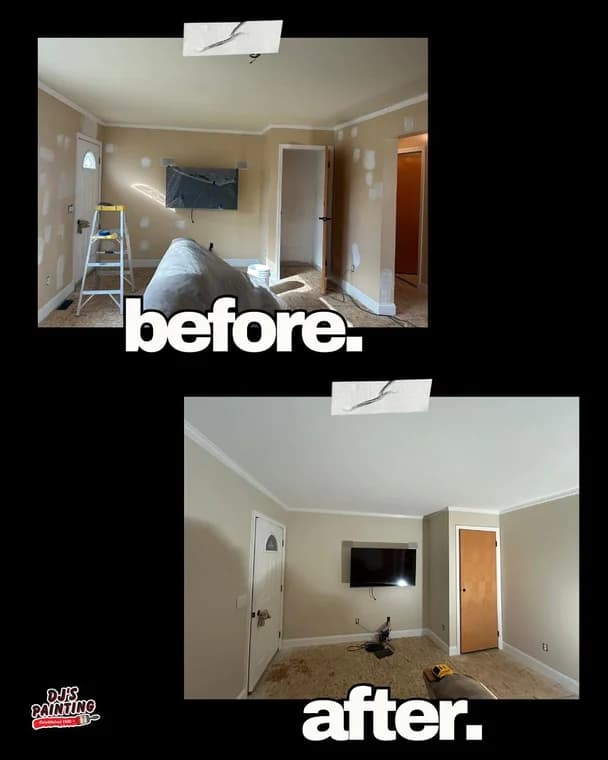 This image shows an interior room before and after painting. The top photo shows beige walls with patchwork and unfinished areas, while the bottom photo shows smooth beige-painted walls with white trim and a mounted TV, giving the room a clean finish.