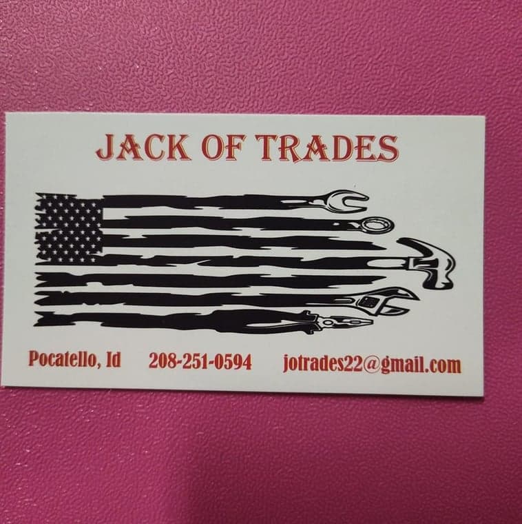 This is an image from Horizon Painting LLC company, located inPocatello, ID The image is a Jack of Trades business card with American flag design made of black tool silhouettes including pliers, wrench, and hammer, contact info for handyman services in Pocatello, Idaho
