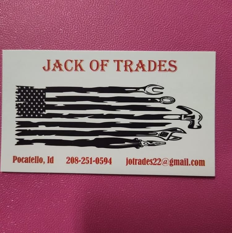 This is an image from Horizon Painting LLC company, located inPocatello, ID The image is a Jack of Trades business card with American flag design made of black tool silhouettes including pliers, wrench, and hammer, contact info for handyman services in Pocatello, Idaho