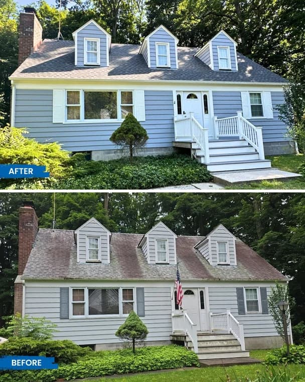 This is an image from A.G. Williams Painting Company, located in New York. The before-and-after exterior image shows a Cape-style home updated from a faded gray exterior to a clean, refreshed blue color with bright white trim.
