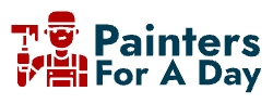 This is an image from Painters For A Day, located in New York. The logo for Painters For A Day features a red painter icon wearing a cap alongside bold blue text spelling the company name.