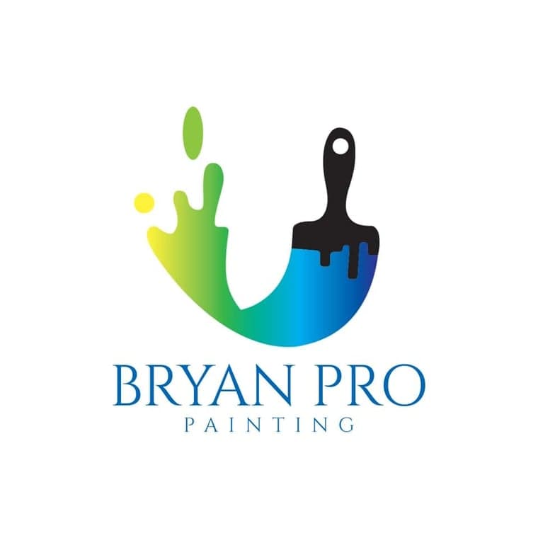 This is an image from Bryan Pro Painting, located in New York. The logo for Bryan Pro Painting features a stylized paint splash in green and blue forming a circular shape with a black paintbrush integrated into the design.
