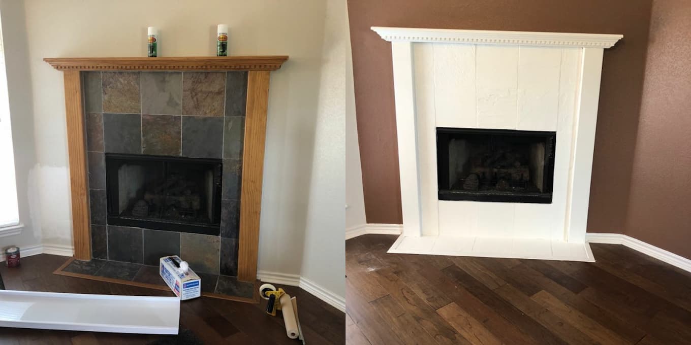 This is an image from Family Painting, located in Texas. The before-and-after view shows a fireplace updated from natural stone and wood trim to a smooth white painted finish.